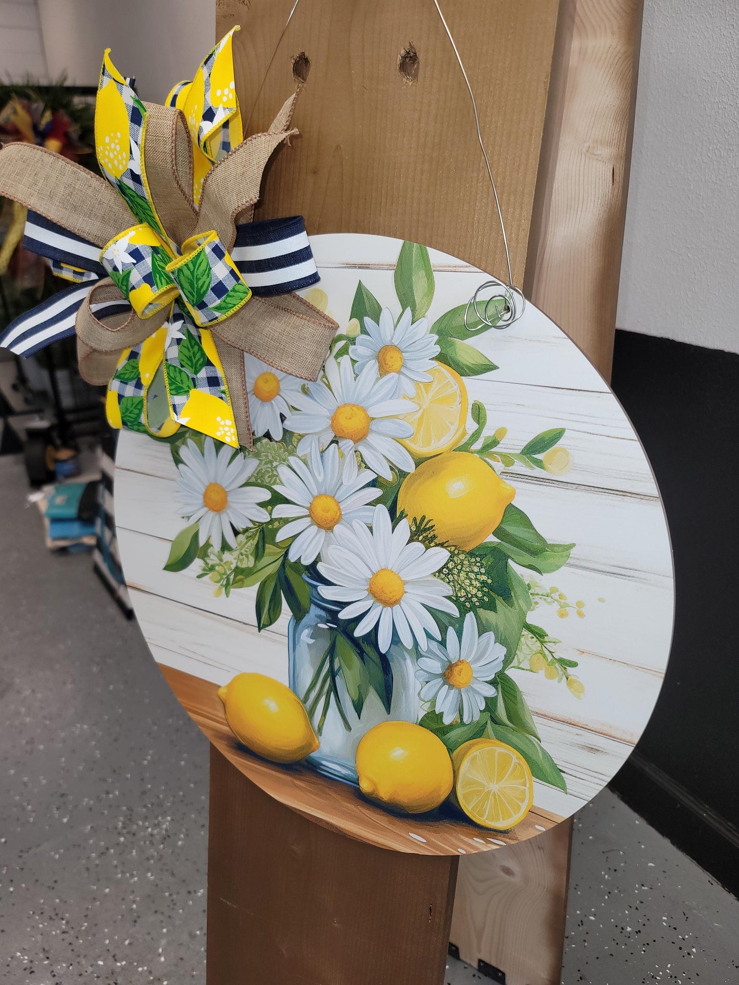 Farmhouse Inspired Lemon & Daisy Door hanger with coordinating custom bow