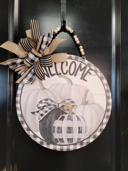 Farmhouse Chic Black and White Pumpkin Door Hanger