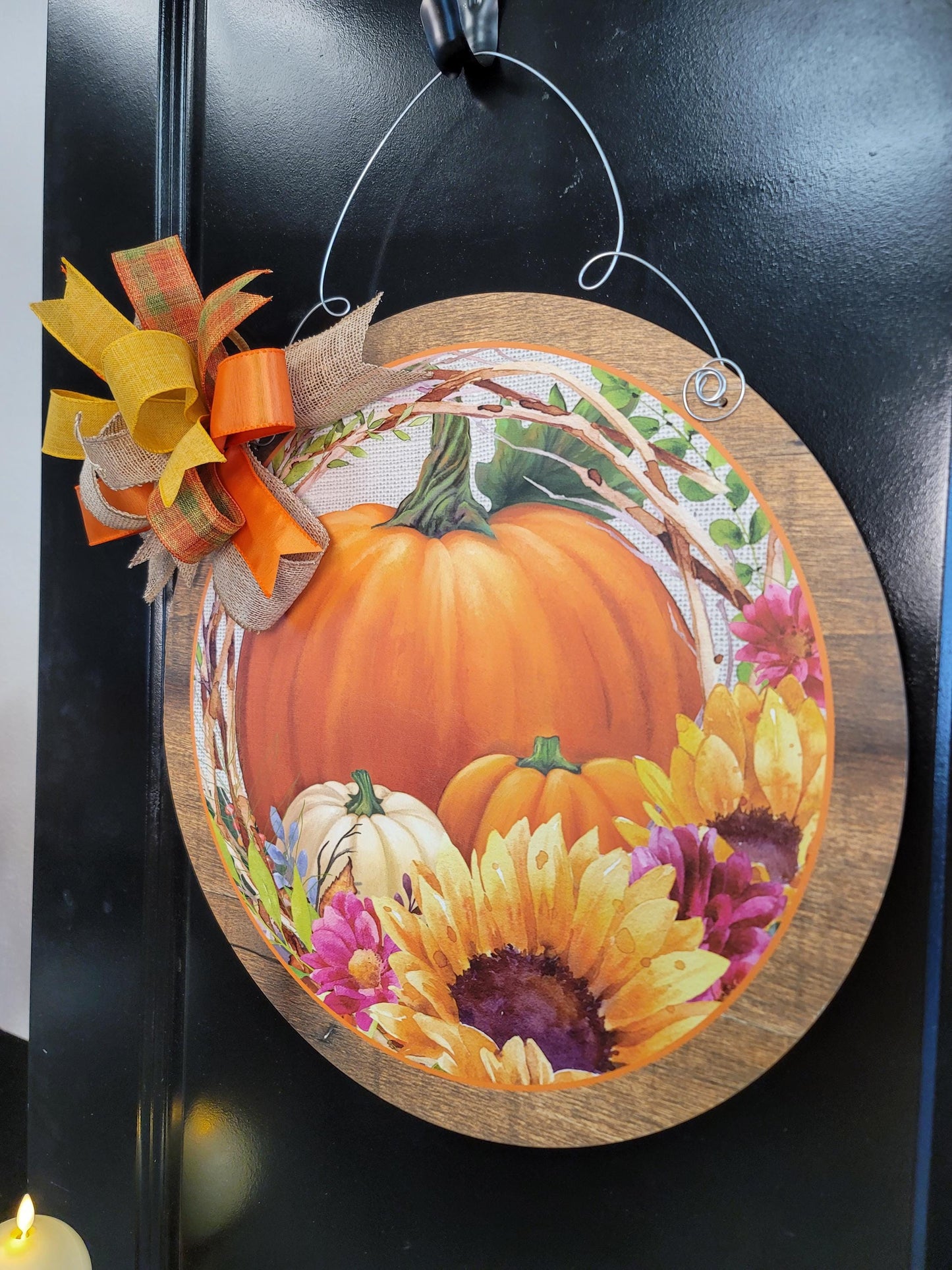 Fall Pumpkin Door Hanger: Autumn Sunflowers & Bow