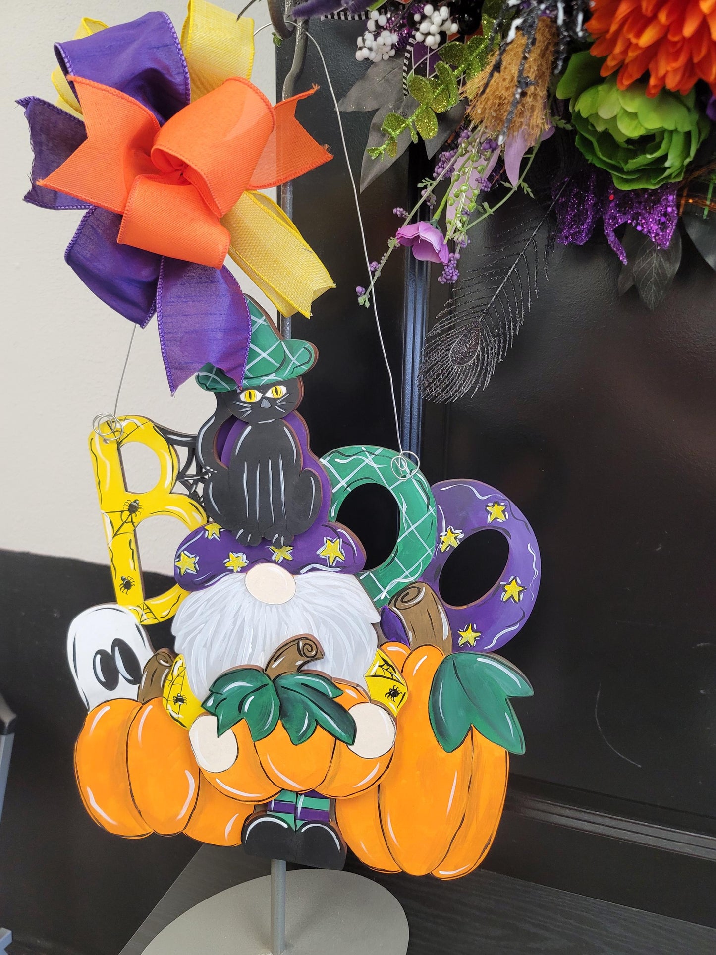 Halloween “Boo” Door Hanger – Gnome with Pumpkins, Ghost, and Cat Accent Bow