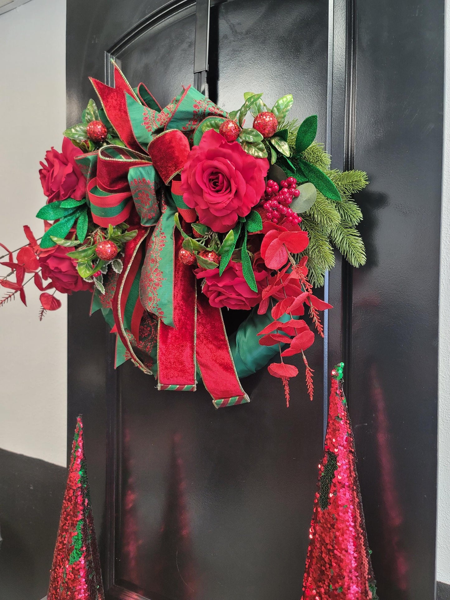 Elegant Red and Green Velvet Christmas Wreath β Satin Wrapped Base with Roses and Berries