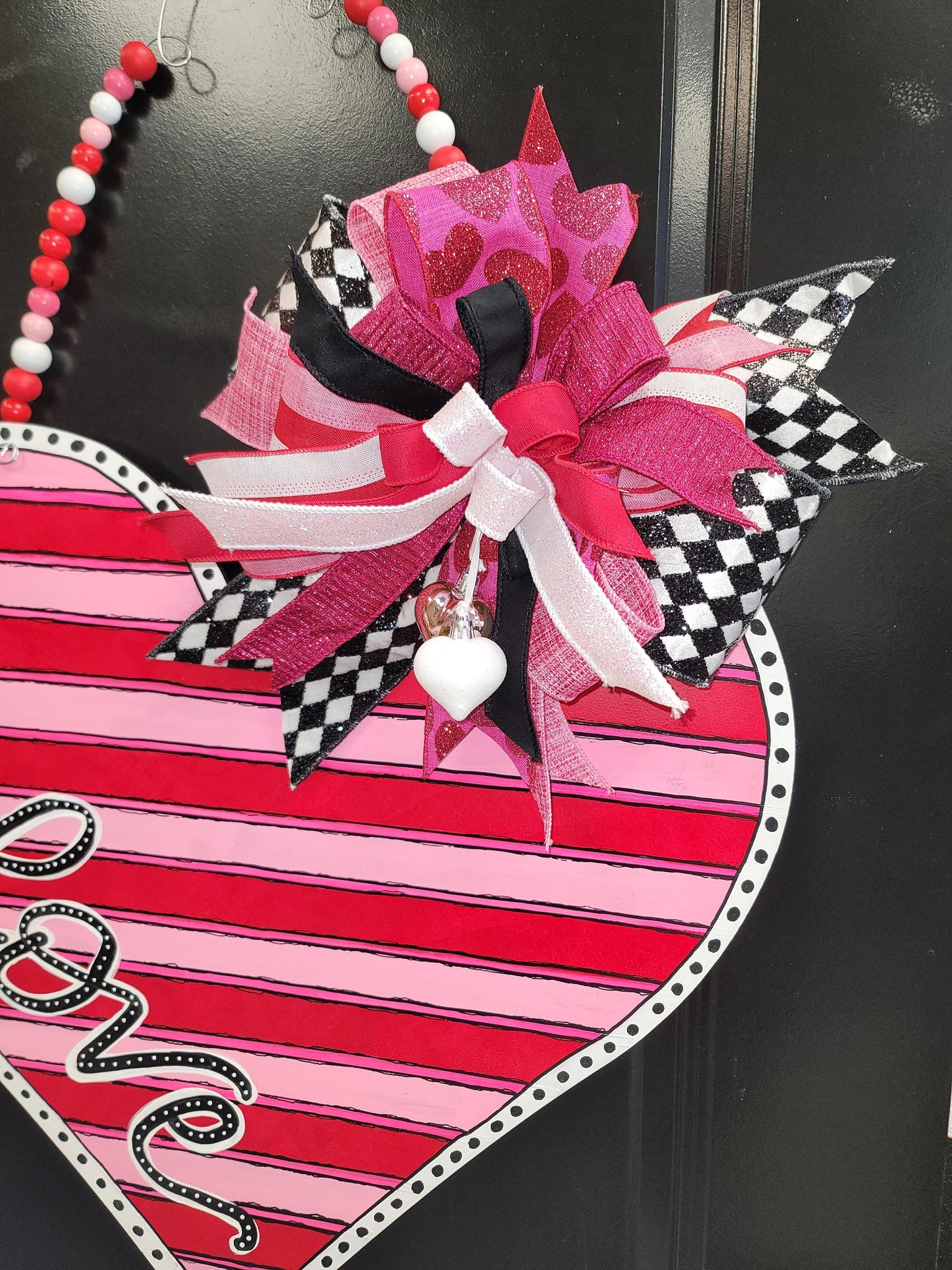 Shades of Pink Hand Painted Heart Door Hanger with Custom Bow