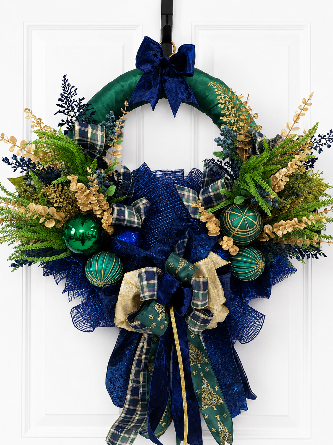 Modern Navy and Green Satin wrapped Christmas Wreath