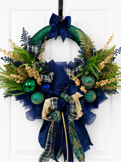 Modern Navy and Green Satin wrapped Christmas Wreath