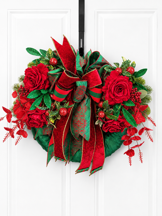 Elegant Red and Green Velvet Christmas Wreath – Satin Wrapped Base with Roses and Berries