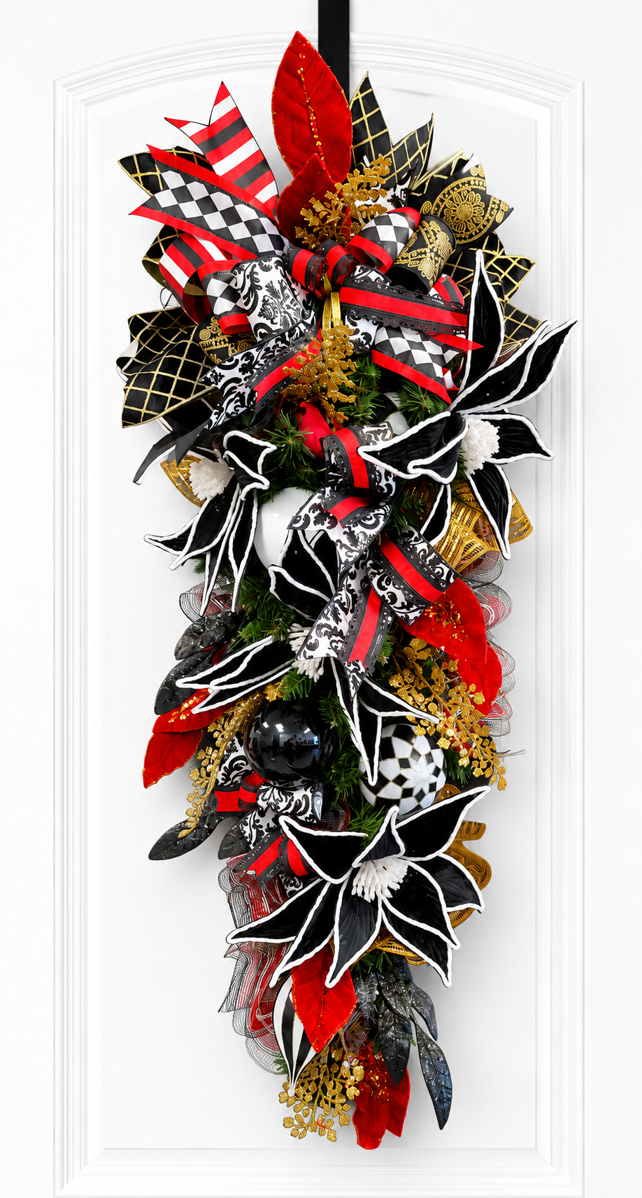 Elegant Christmas Swag – Black, Red & Gold Holiday Door Decor with Velvet Poinsettias
