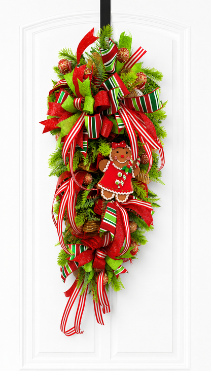 Whimsical Gingerbread Girl Christmas Swag – Red, Green & Candy Stripe Holiday Door Decor