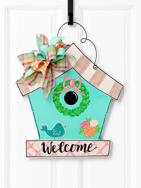 Sweet Birdhouse Door Hanger Hand painted in soft colors with a custom matching bow