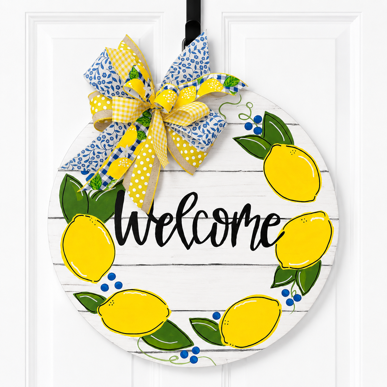 Hand-Painted Lemon Welcome Door Hanger: Farmhouse Summer Decor