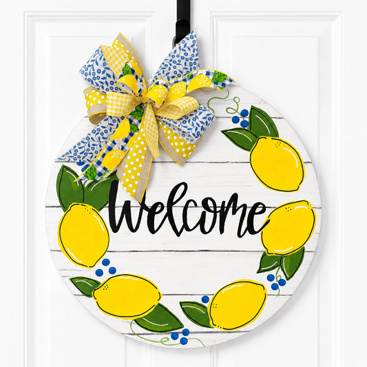 Hand-Painted Lemon Welcome Door Hanger: Farmhouse Summer Decor