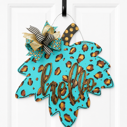 Turquoise Leopard Print Hello Door Hanger – Hand Painted Leaf Wall Decor with Bow