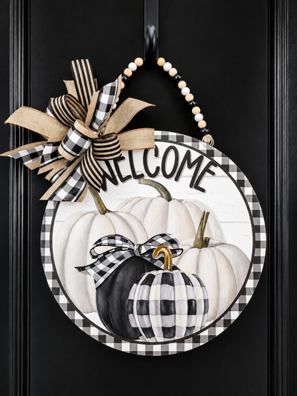 Farmhouse Chic Black and White Pumpkin Door Hanger
