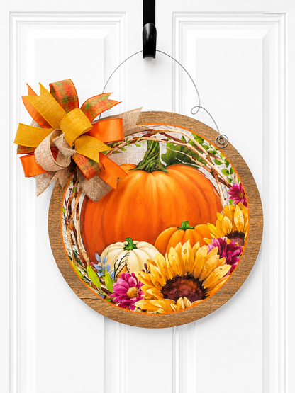 Fall Pumpkin Door Hanger: Autumn Sunflowers & Bow