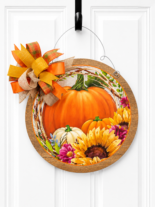 Fall Pumpkin Door Hanger: Autumn Sunflowers & Bow
