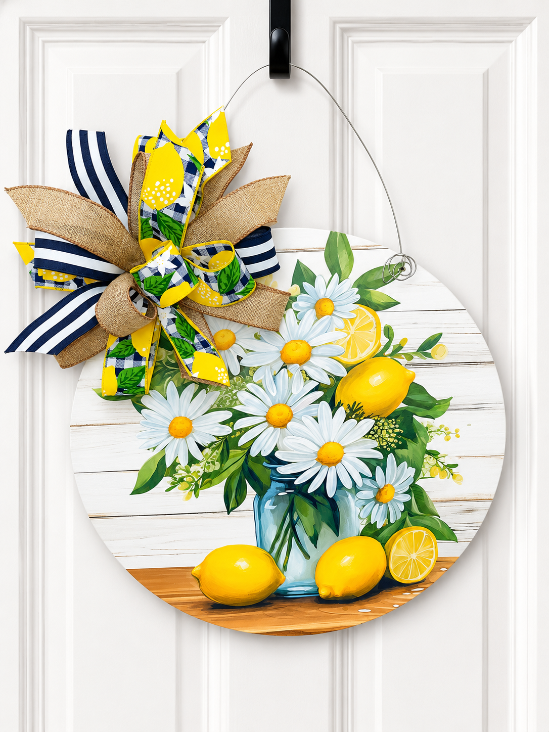 Farmhouse Inspired Lemon & Daisy Door hanger with coordinating custom bow