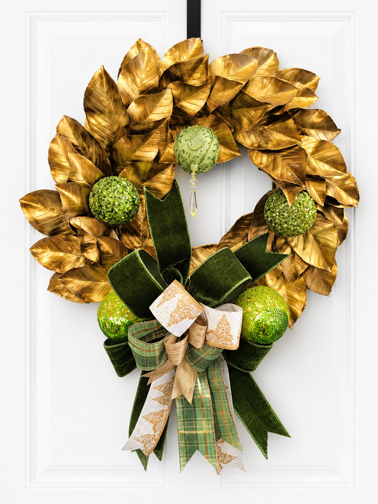 Elegant Gold Magnolia Leaf Wreath in Green and Matte Metallic Gold