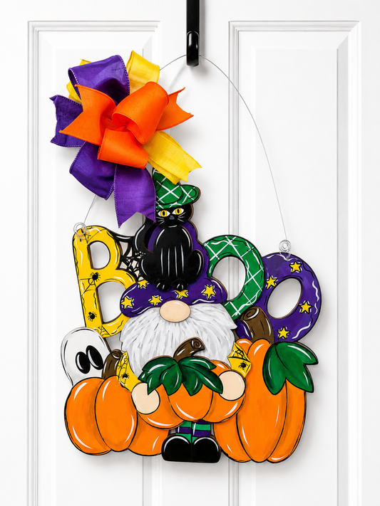 Halloween “Boo” Door Hanger – Gnome with Pumpkins, Ghost, and Cat Accent Bow