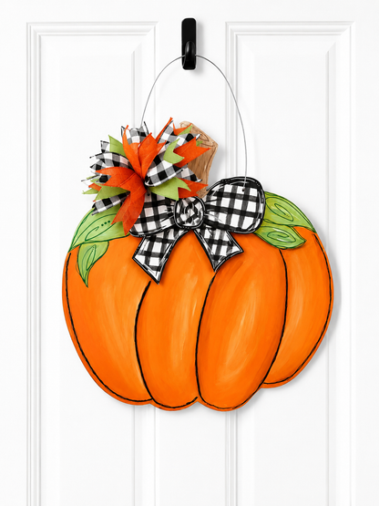 Pumpkin Door Hanger with Buffalo Check Bow – Fall Farmhouse Front Door Sign