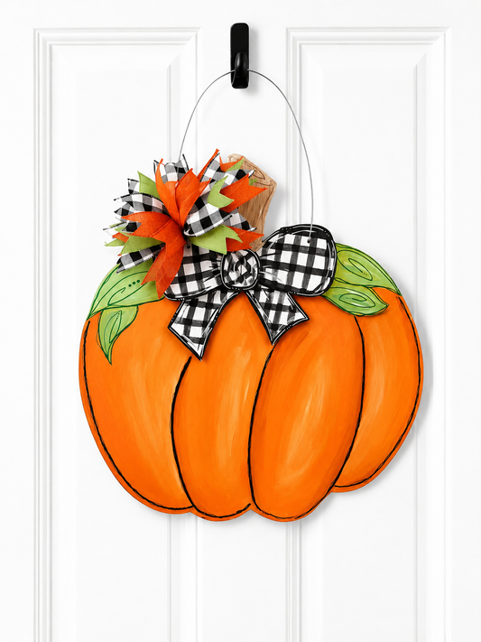Pumpkin Door Hanger with Buffalo Check Bow – Fall Farmhouse Front Door Sign