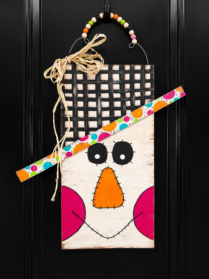 Hand-Painted Scarecrow Face Door Hanger: Fall Decor with Raffia