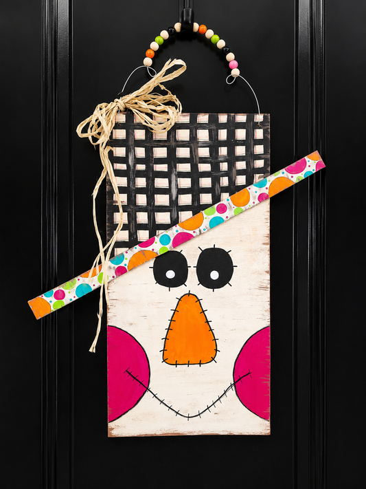 Hand-Painted Scarecrow Face Door Hanger: Fall Decor with Raffia