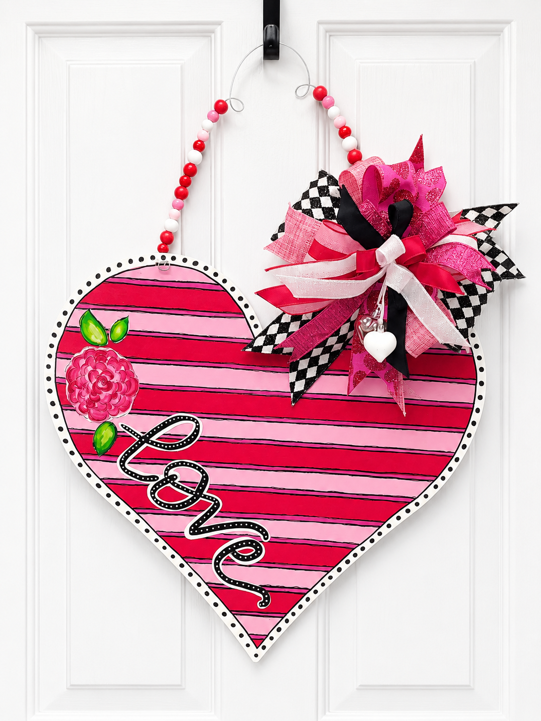 Shades of Pink Hand Painted Heart Door Hanger with Custom Bow