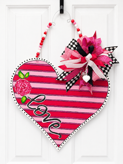 Shades of Pink Hand Painted Heart Door Hanger with Custom Bow