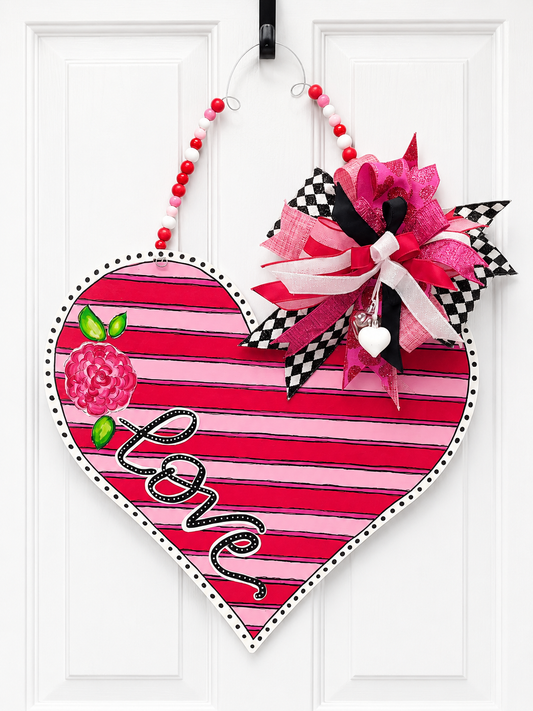 Shades of Pink Hand Painted Heart Door Hanger with Custom Bow