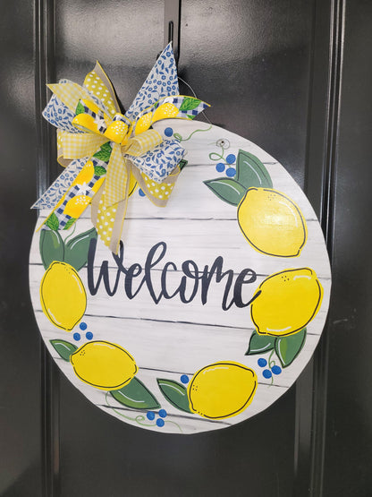 Hand-Painted Lemon Welcome Door Hanger: Farmhouse Summer Decor