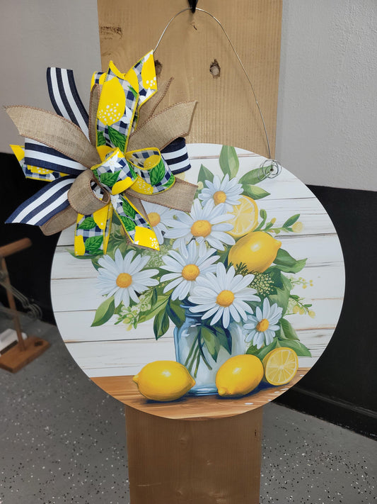Farmhouse Inspired Lemon & Daisy Door hanger with coordinating custom bow
