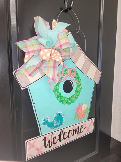 Sweet Birdhouse Door Hanger Hand painted in soft colors with a custom matching bow
