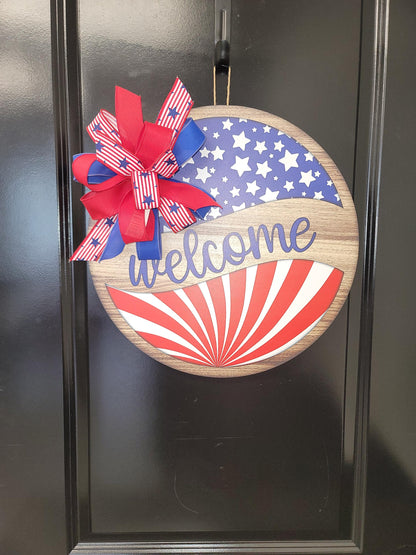 Patriotic "Welcome" Door hanger with custom coordinating bow