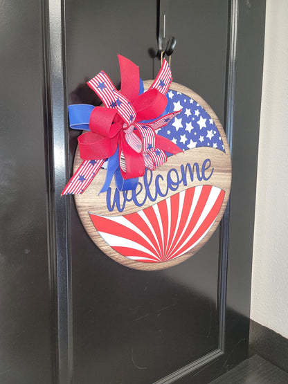 Patriotic "Welcome" Door hanger with custom coordinating bow