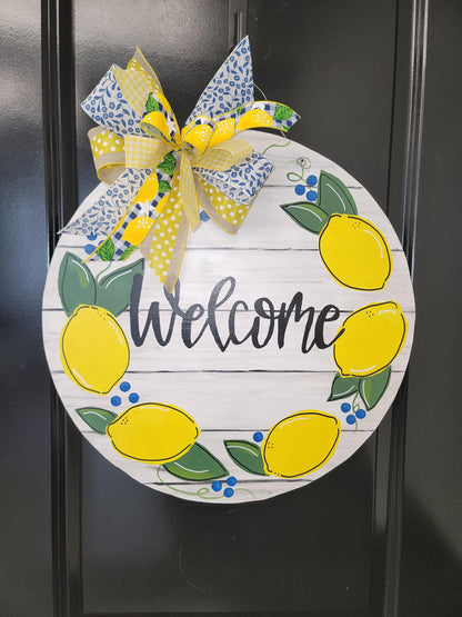 Hand-Painted Lemon Welcome Door Hanger: Farmhouse Summer Decor