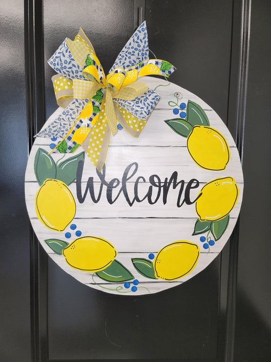 Hand-Painted Lemon Welcome Door Hanger: Farmhouse Summer Decor