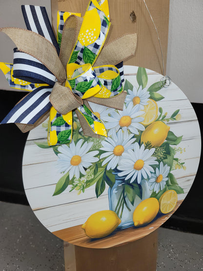 Farmhouse Inspired Lemon & Daisy Door hanger with coordinating custom bow