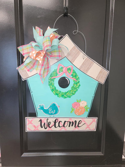 Sweet Birdhouse Door Hanger Hand painted in soft colors with a custom matching bow
