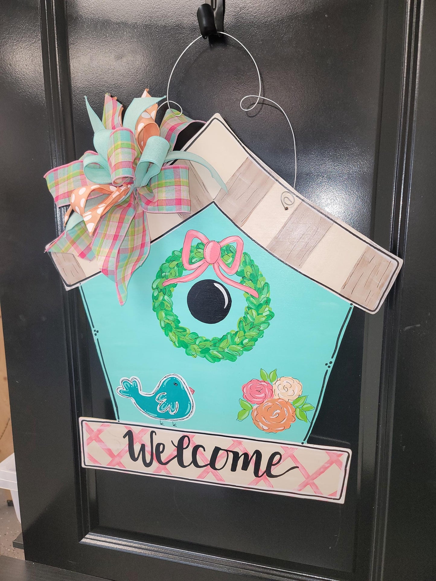 Sweet Birdhouse Door Hanger Hand painted in soft colors with a custom matching bow
