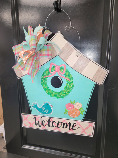 Sweet Birdhouse Door Hanger Hand painted in soft colors with a custom matching bow