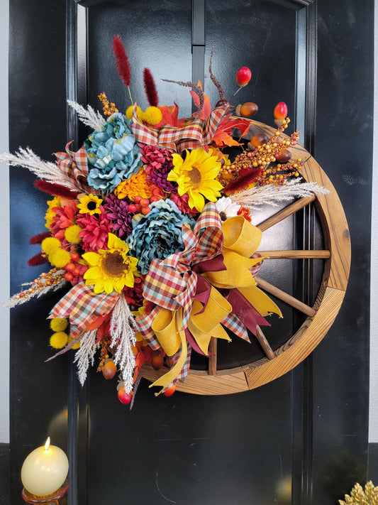 Rustic Farmhouse Wagon Wheel Fall Wreath