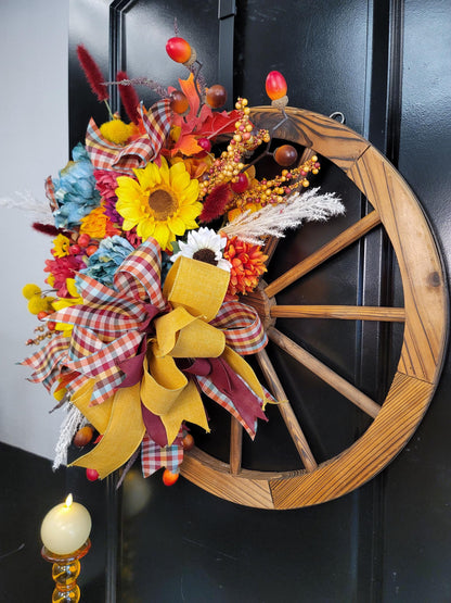 Rustic Farmhouse Wagon Wheel Fall Wreath