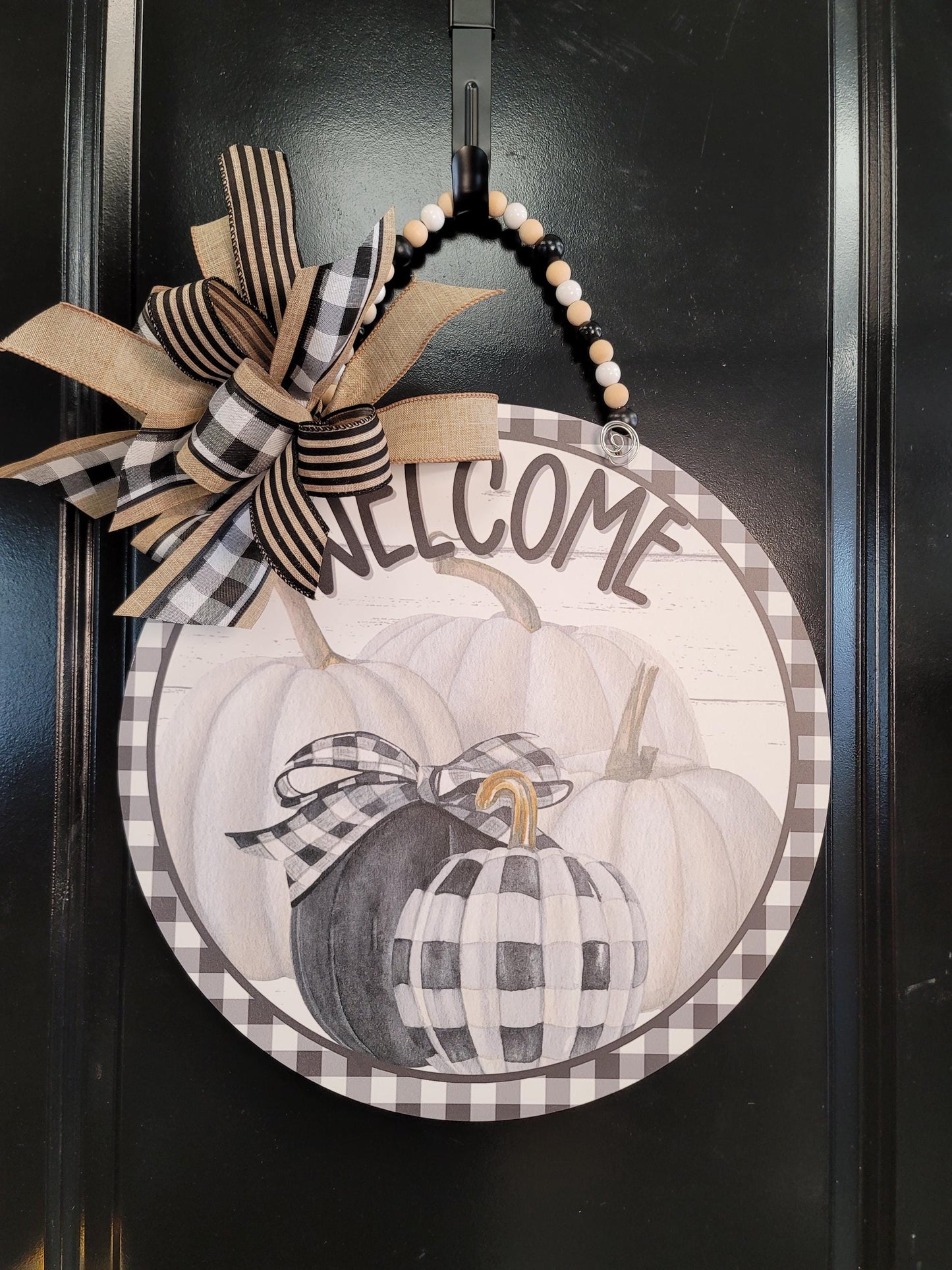 Farmhouse Chic Black and White Pumpkin Door Hanger