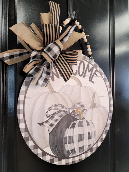 Farmhouse Chic Black and White Pumpkin Door Hanger
