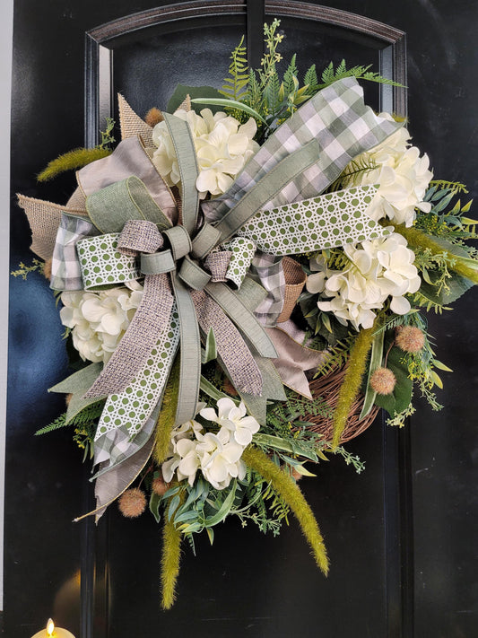 Farmhouse Hydrangea Wreath with Burlap & Gingham Bow – Neutral Green Cream Grapevine Door Décor