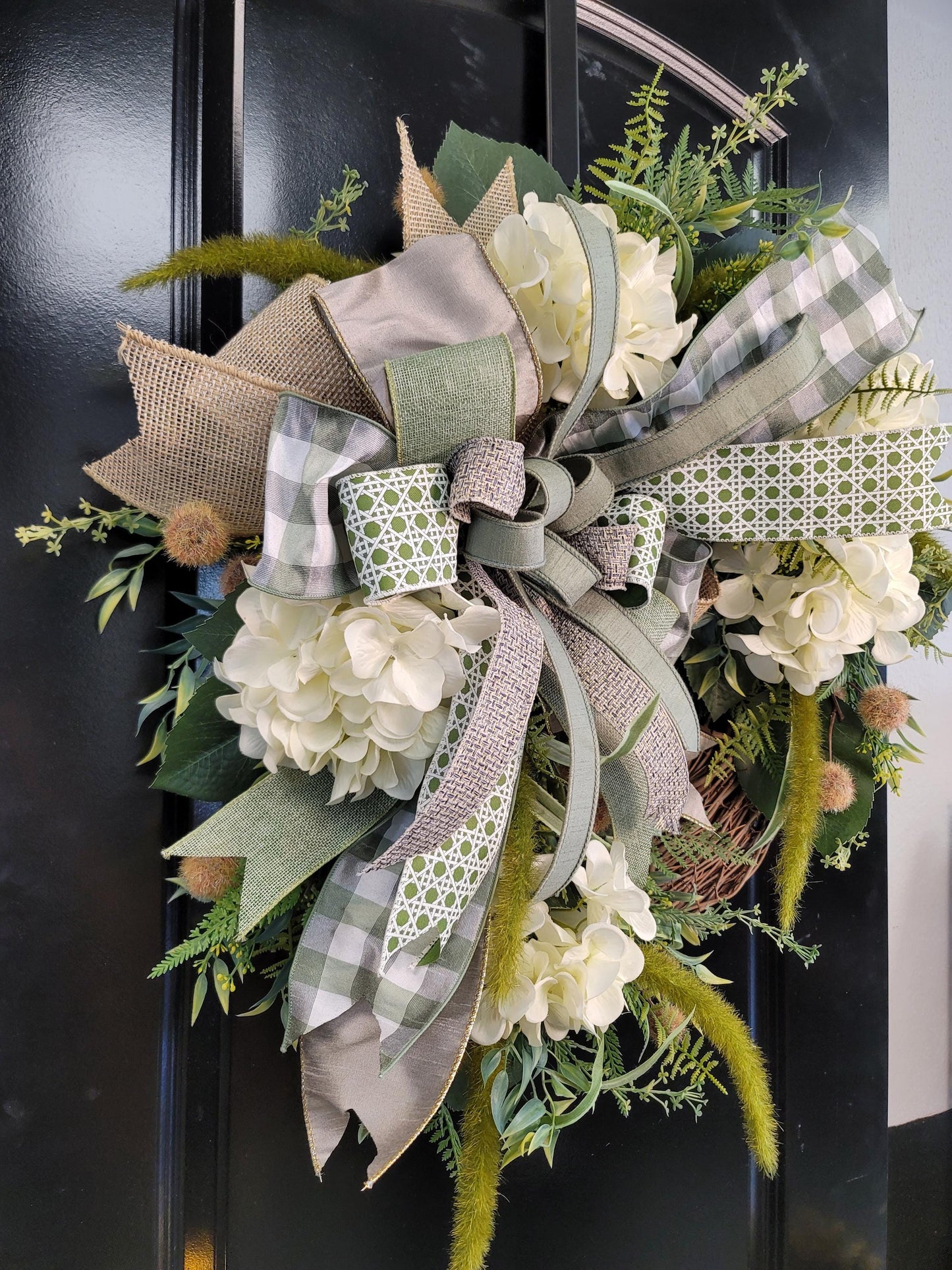 Farmhouse Hydrangea Wreath with Burlap & Gingham Bow – Neutral Green Cream Grapevine Door Décor