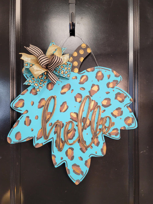 Turquoise Leopard Print Hello Door Hanger – Hand Painted Leaf Wall Decor with Bow