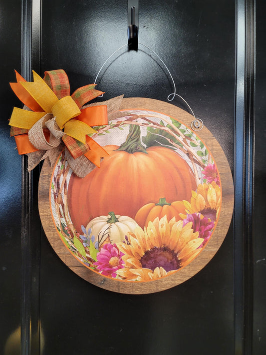 Fall Pumpkin Door Hanger: Autumn Sunflowers & Bow
