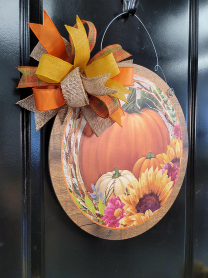 Fall Pumpkin Door Hanger: Autumn Sunflowers & Bow