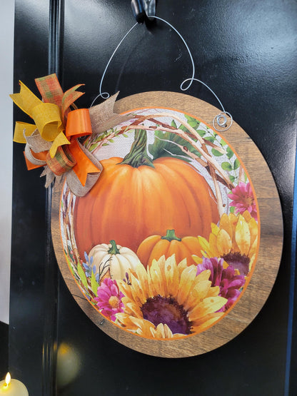 Fall Pumpkin Door Hanger: Autumn Sunflowers & Bow