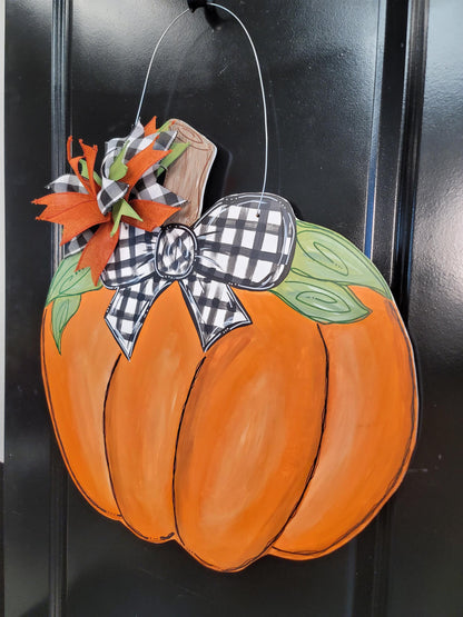 Pumpkin Door Hanger with Buffalo Check Bow – Fall Farmhouse Front Door Sign